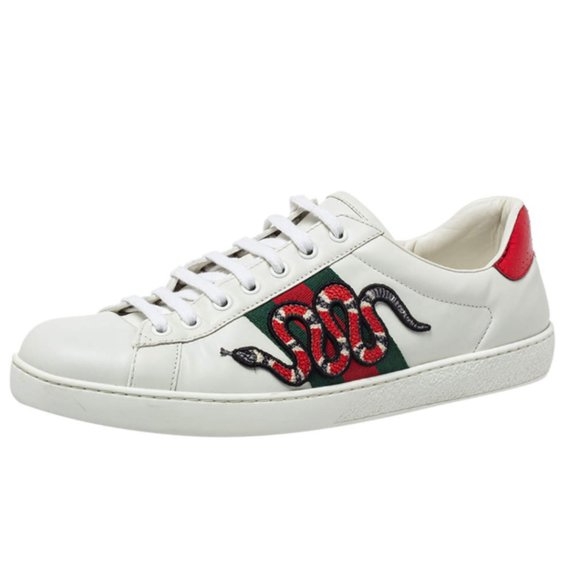 Gucci Ace Low Top Sneakers Snake Embroidered White Leather Men's Sz 8.5 - Picture 1 of 14